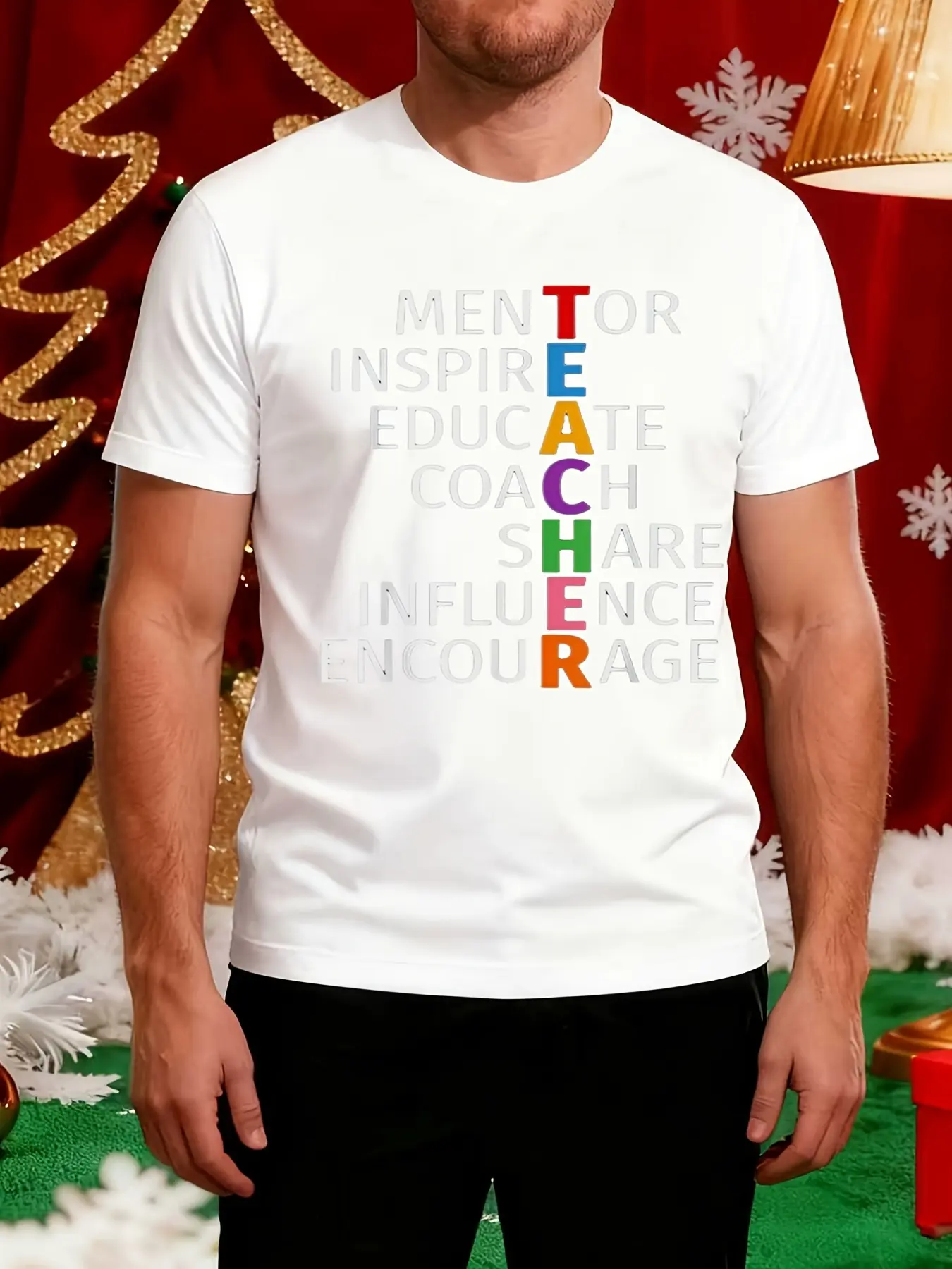 Men's Teacher Appreciation T-Shirt - Mentor Educator Gift, Comfortable Crew Neck Tee with Colorful Lettering, Black Shirt for School, Work, Training - Casual Streetwear for Teachers & Mentors, Year-Round Wear