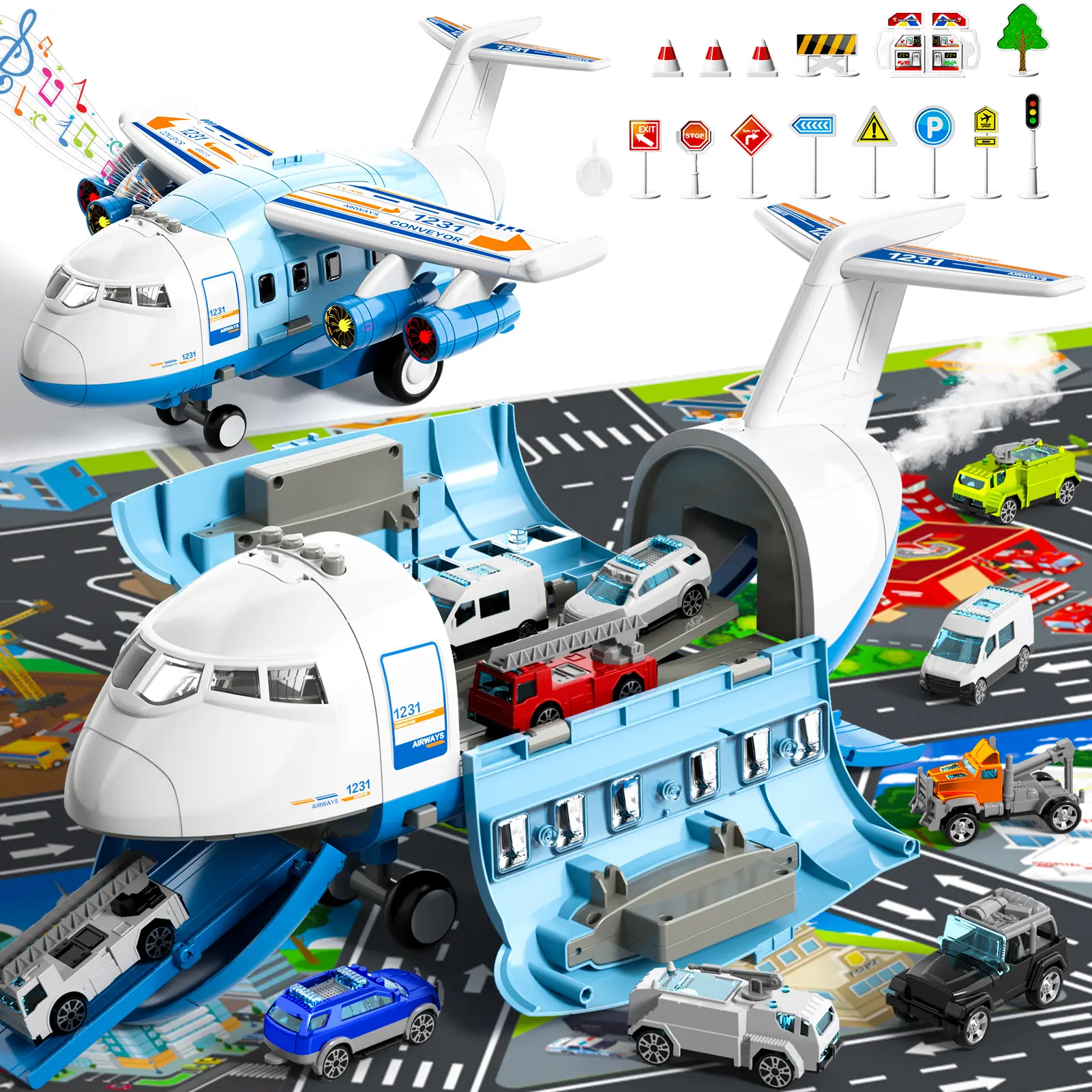 Electric Remote Control Large Transport Airplane Toy - Airport-Style Role Play, Spray Feature Sparks Pretend Missions, Road Markings, Traffic Signs, Unisex Christmas Birthday Gifts, Transportation