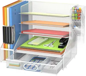 Mesh Desk Organizer, 5-Tier Paper Letter Tray with File Holder & Pen Holder & Sliding Drawer, Desktop Organizer and Storage for Desk Accessories Office Supplies, White