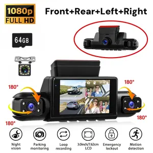 [With 64GB Memory Card] 1080P Front-Facing + Multi-Angle Recording, 360° Car Dash Cam, 4 Channels, 3-Inch IPS Screen, 8 Night Vision Lights, Reverse Assist, Motion Detection, Loop Recording, Supports 13 Languages, Road Trip Camera, Driving Recorder