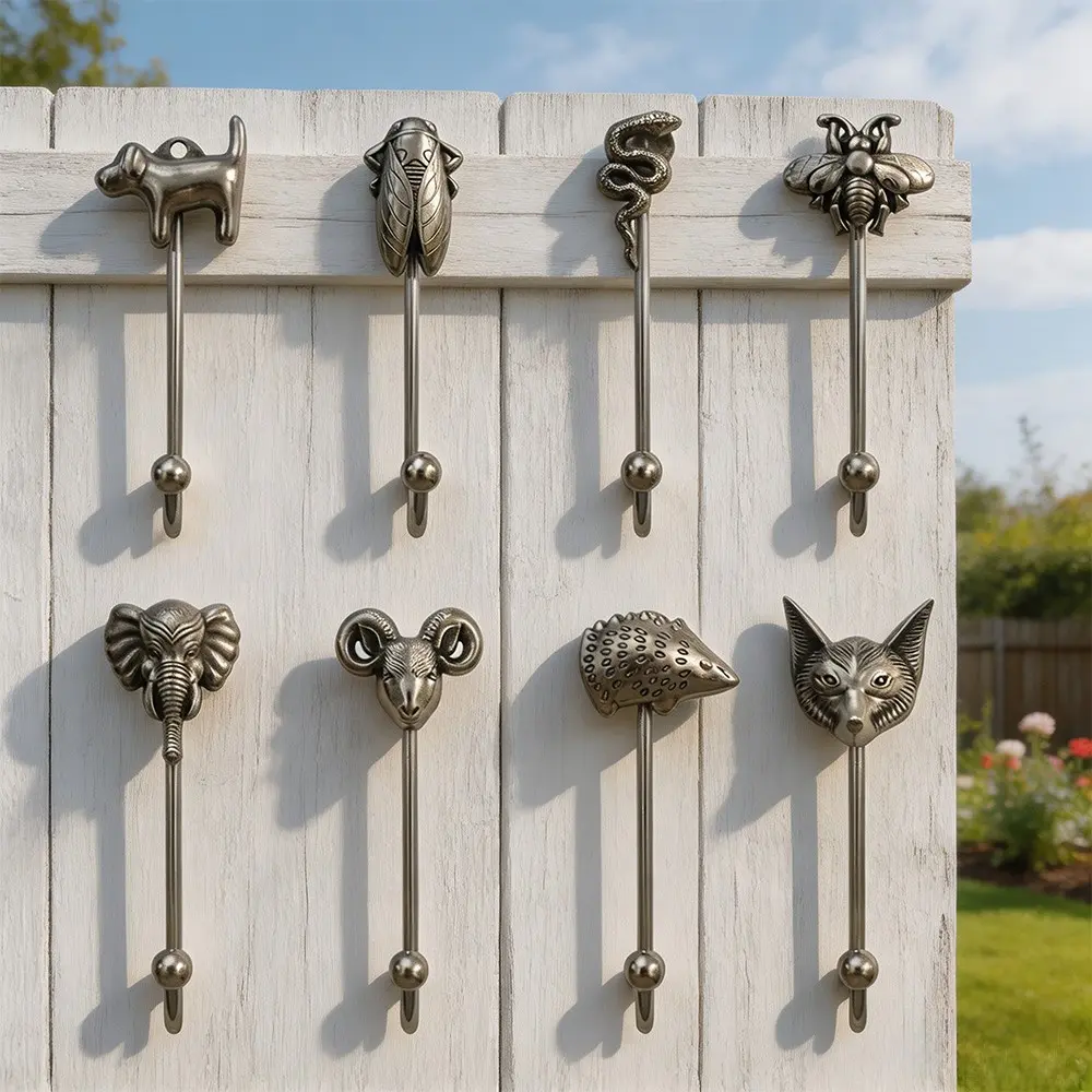 8 Piece Vintage Animal Shape Clothes Hooks Set, Silver Color Metal Wall Mount, Towel Key Holder, Rustic Home Decor, Bathroom Bedroom Entryway