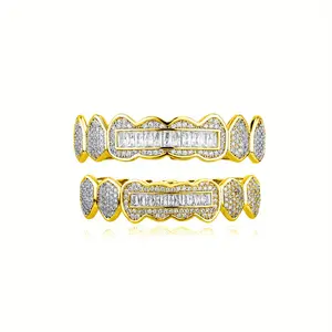 Men's 2pcs Iced Out Synthetic Cubic Zirconia Grillz Tooth Gems - Full Top/Bottom Dental Set, Paved Bling CZ, Stainless Wire Brace Retainer, Hip Hop & Casual Costume Jewelry