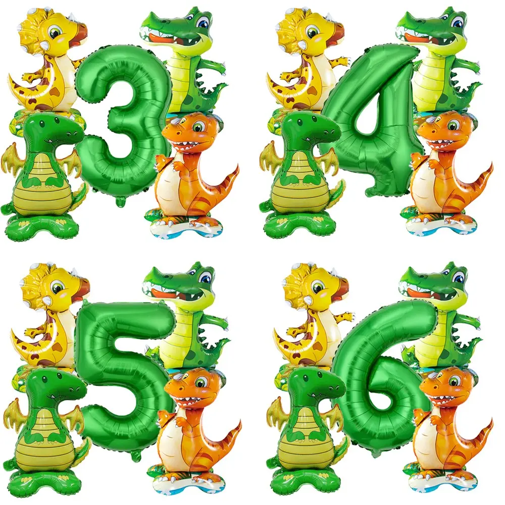 5 Piece Jungle Party Cartoon Standing Dinosaur Alligator Balloon Decorations, Number Aluminum Foil, Birthday Party, Kids' Room Decoration, Balloon Set, Party Balloons Decorations