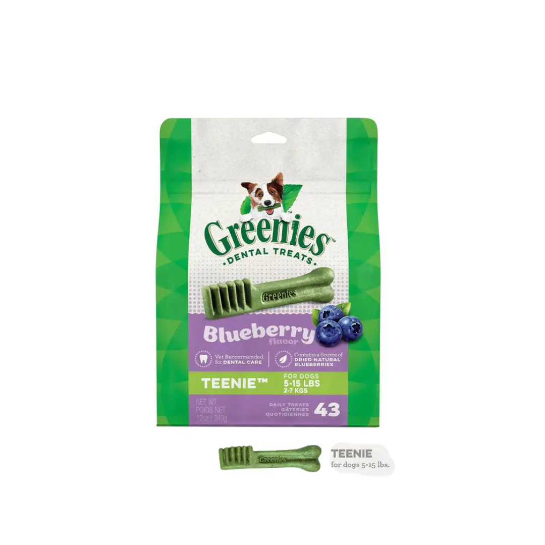 Greenies Teenie Dental Dog Chews - Blueberry Flavor, 43 Count, with Natural Flavors, Gelatin, Glycerin, Potassium Chloride, Biotin, Lecithin, Wheat Flour, Vitamin D3 Supplement, Packaging Included, Extra Small