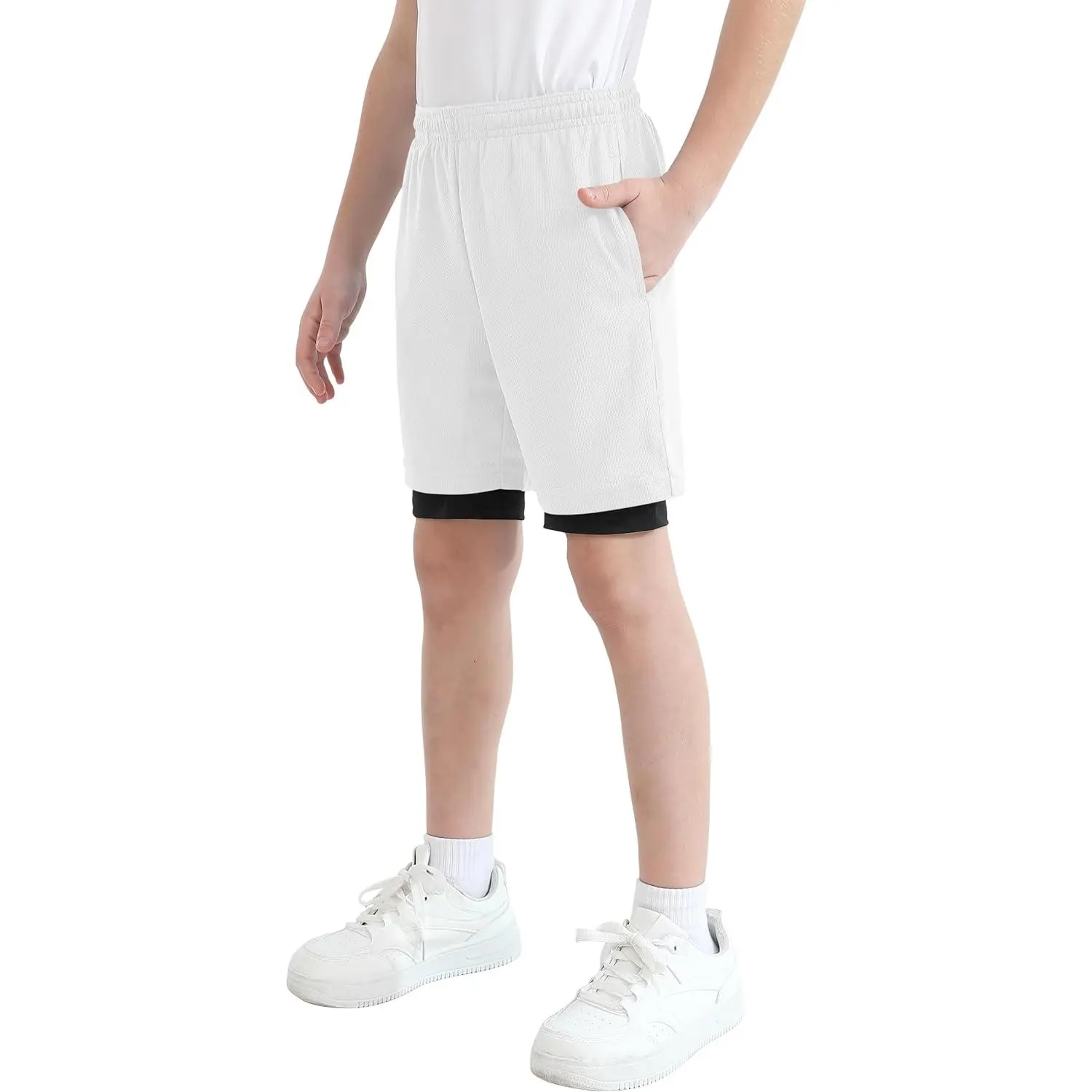 QBK Kids' 2-in-1 Athletic Shorts with Compression Liner, Elastic Loose Super Stretch Gymclothing for Toddler-Youth Boys Basketball & Soccer, Elastic Loose Shorts, Super Stretch Shorts