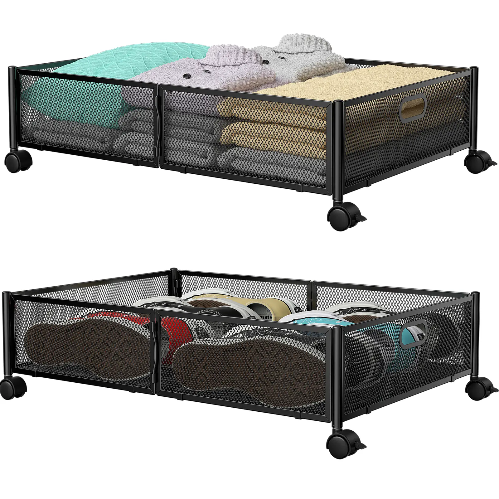 Flycity 2-Pack Under Bed Storage Box with Rotating Wheels - Foldable Collapsible Organizer for Bedroom Clothes, Shoes, Blankets - Home Decor Room Bins (Black/White), Foldable Storage Bins, Bedding Storage, Durable Storage Organizer,dorm essentials
