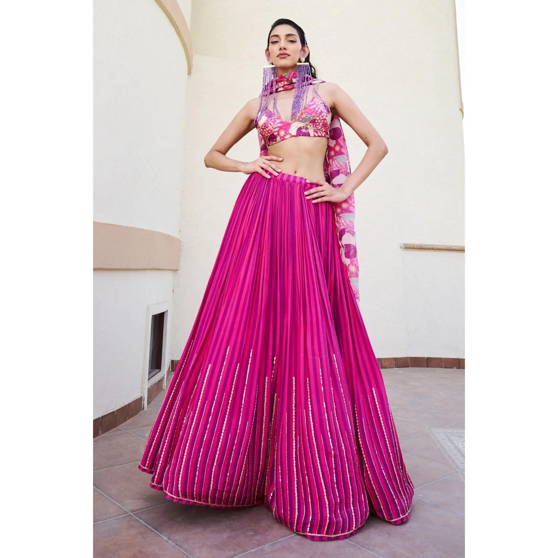 Pink-purple striped lehenga set
