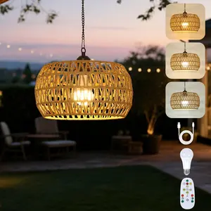 Battery Operated Chandelier with Remote, 11.8” Rattan Battery Powered Hanging Light for Porch, Rechargeable Outdoor Chandelier for Gazebo, Boho Cordless Pendant Light for Indoor Outdoor Patio garden lighting