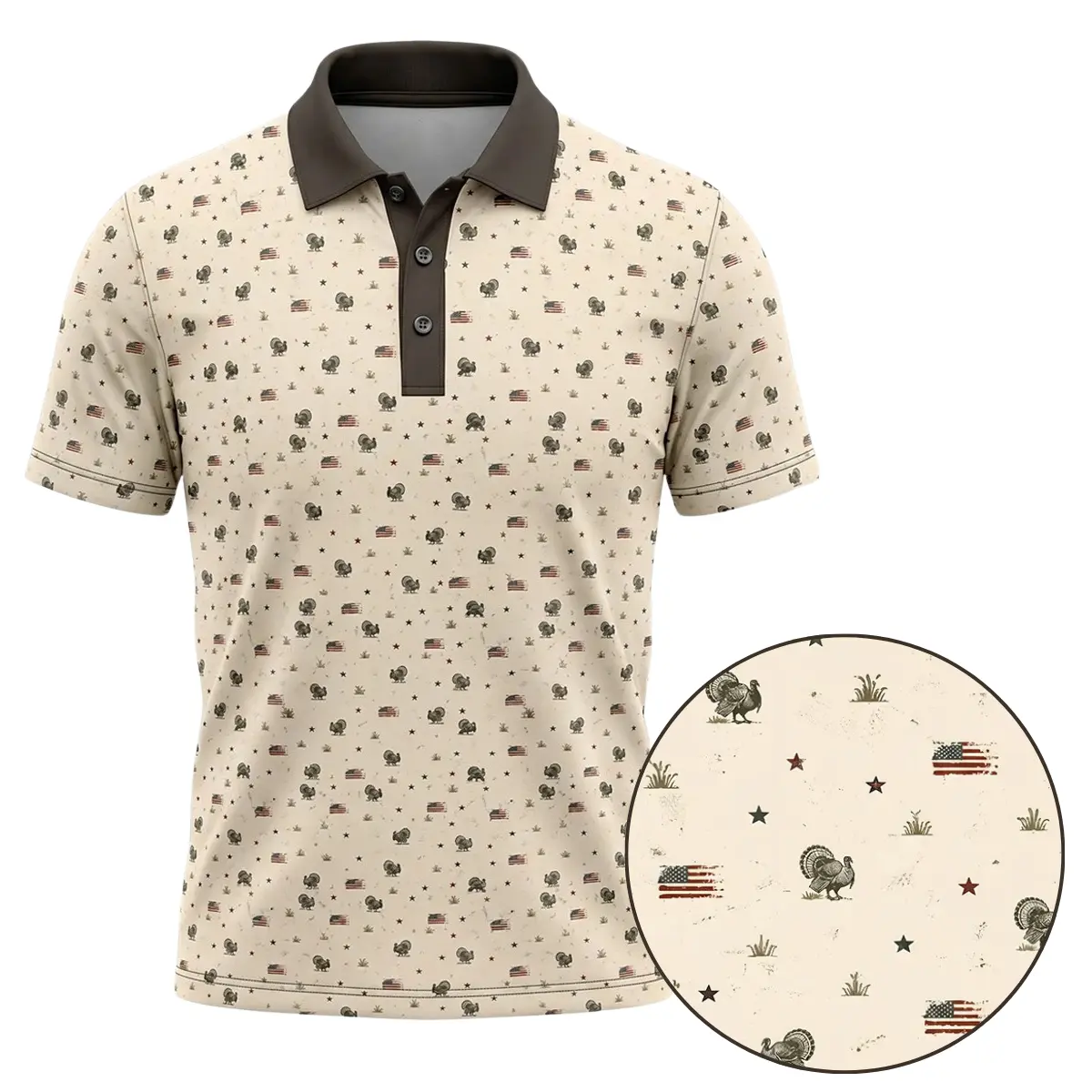 Men’s Textured Sublimation Turkey Print Polo Shirt - Vintage American Flag Patriotic Menswear, Personalized Graphics Short Sleeve Casual Outdoor Golf Top for Thanksgiving, Shortsleeve