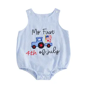 Newborn Infant Baby Boys My First 4th of July Romper Letter Star Flag Truck Embroidery Stripe Sleeveless Infant Bodysuits Jumpsuits