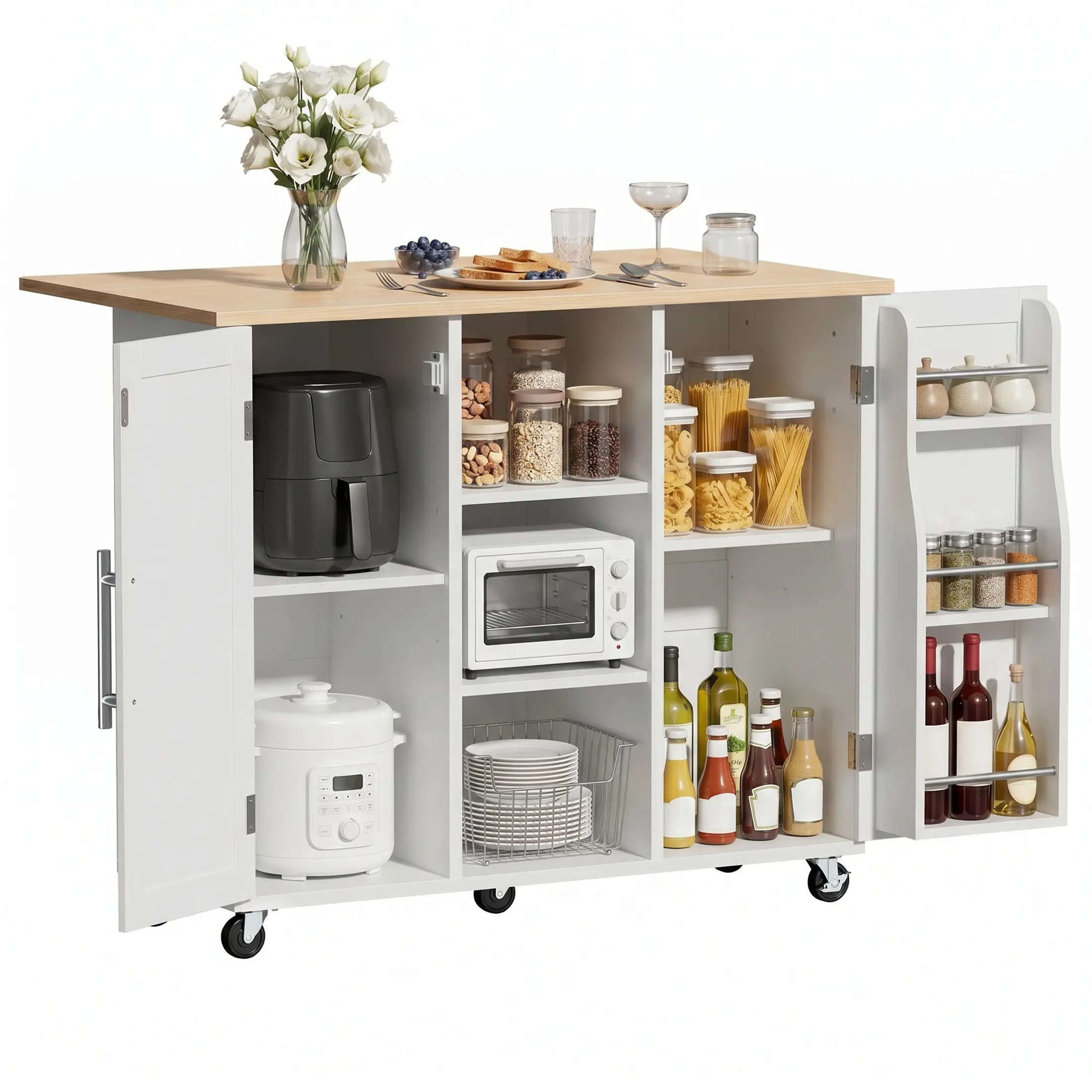 Rolling Kitchen Island Cart with Foldable Drop Leaf Countertop - Storage Cabinet with 2 Doors, 3 Open Cubes & Spice Rack, Mobile Kitchen Island with Lockable Wheels, Wood Top Utility Cart for Small Spaces (Black/White)