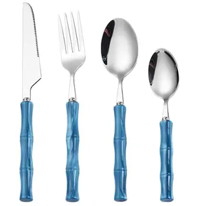 4-Piece Acrylic Handle Knife & Fork Set, Stainless Steel Cutlery Set, Silver Color Western Dining Utensils, Home Kitchenware