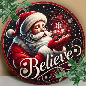1pc Santa Believes Vintage Round Wall Sign  7. 8 Inch Diameter Holiday Decor with Santa Claus, Sparkling Snowflakes & Red Glitter Border - Indoor/Outdoor Christmas Decor for Home, Garden, Bar, Patio,  Wall Decorations, Festive Home Decoration Meta