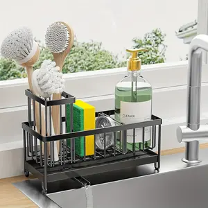 Carbon Steel Sink Drain Storage Basket, Self-Draining Cleaning Brush Holder, Space-Saving Soap Sponge & Cleaning Tools Organizer, Kitchen Storage Rack, Kitchen Gadgets Organizer