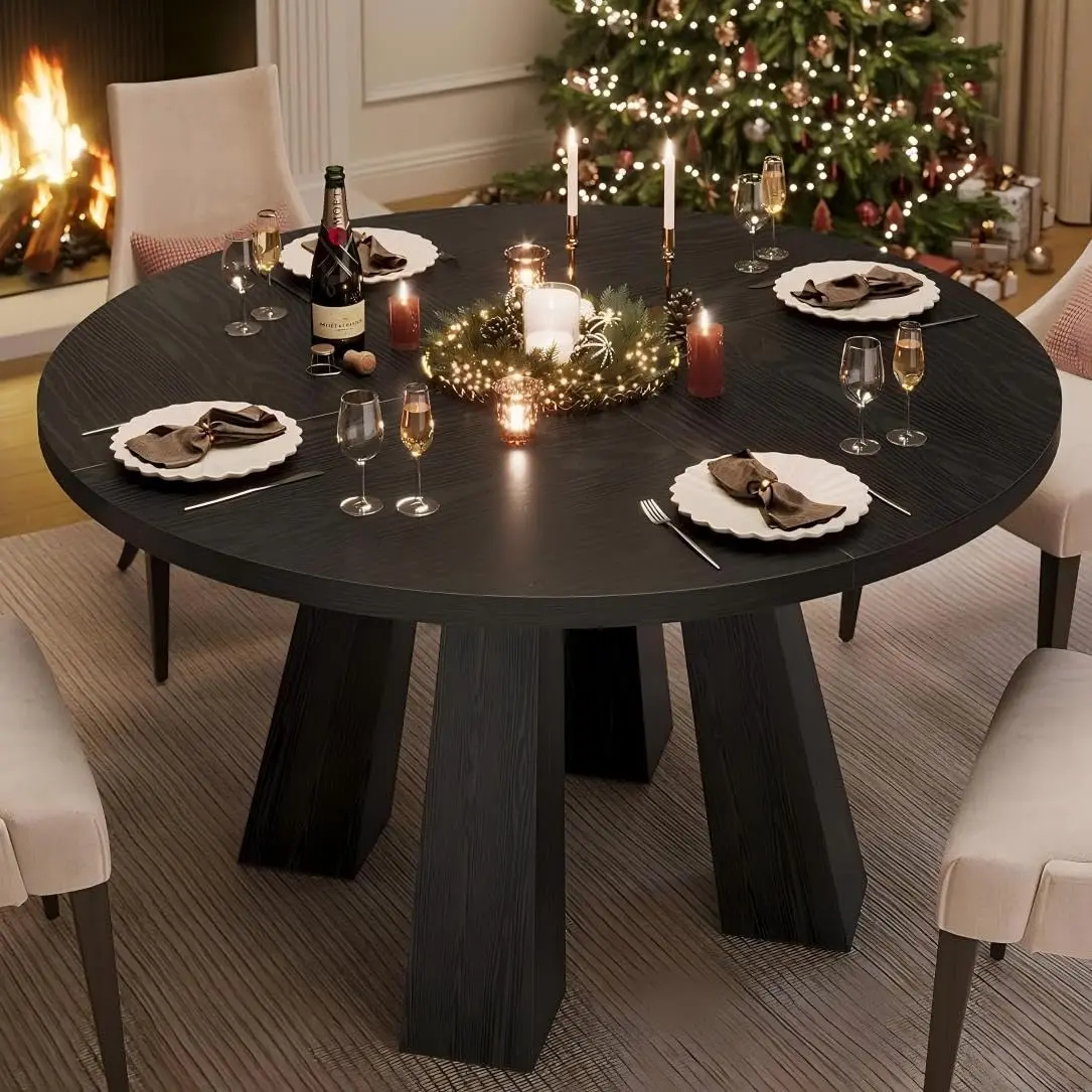Garvee 47" Round Farmhouse Dining Table with Sturdy Pedestal Base, Seats 4-6, Perfect for Dining Room or Living Room, Black Finish