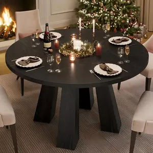 Garvee 47" Round Farmhouse Dining Table with Sturdy Pedestal Base, Seats 4-6, Perfect for Dining Room or Living Room, Black Finish