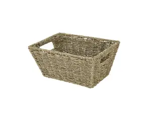 Rustic Seagrass Woven Basket – Rectangle Shape Storage Bin for Shelves or Closets Organiser