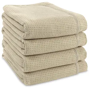 S&T INC. Honeycomb Bath Towels 4 Pack 30x60 Inches Tan Microfiber Absorbent Satin Trim Neutral Color Versatile Use - Set