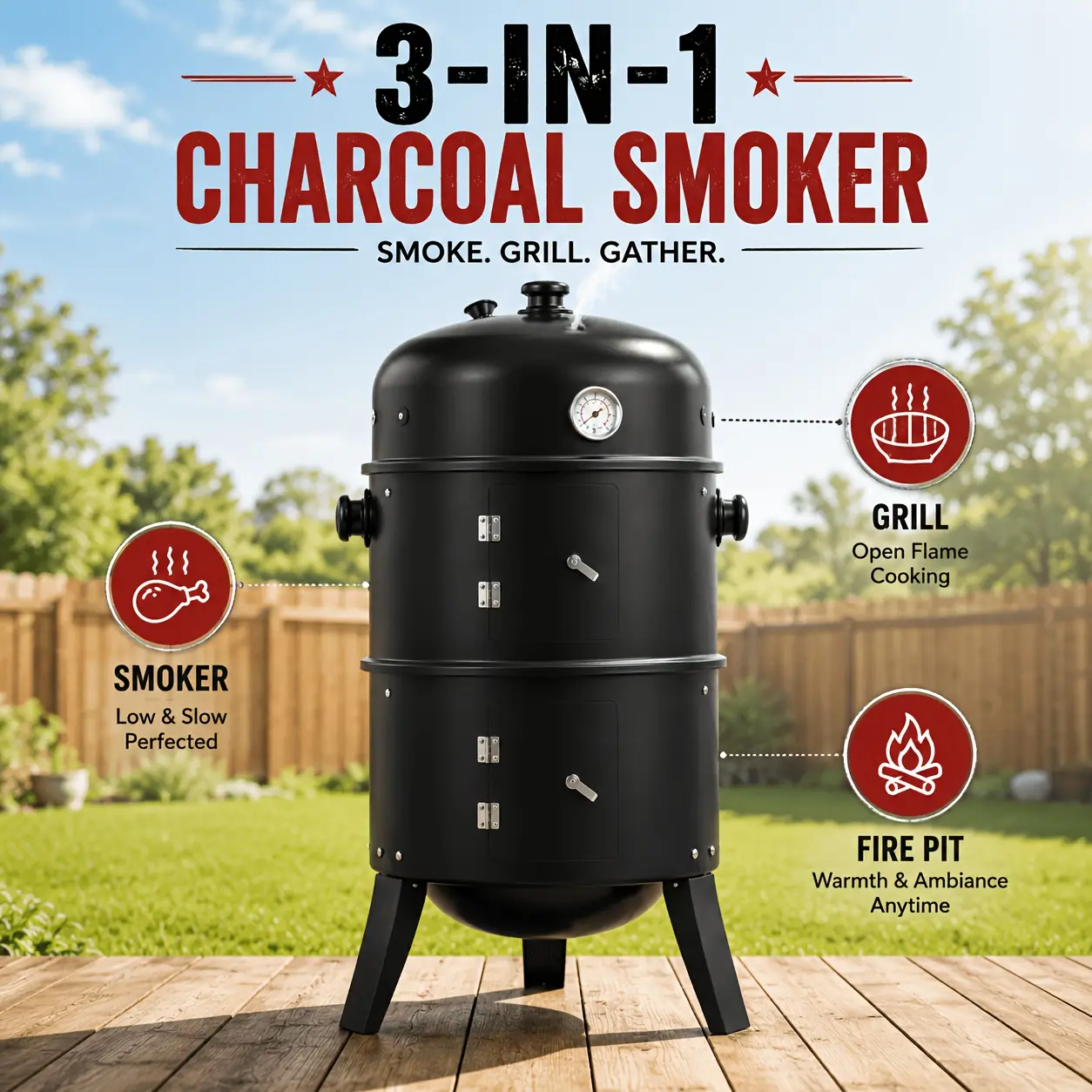 18-Inch Iron 3-in-1 Vertical Charcoal Smoker Grill, Portable Outdoor Grill with Thermometer, 2 Access Doors for Backyard Barbecues, Camping Parties