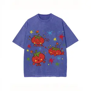 Washed, Cute Tomato Party Print T-shirt, High-quality Batik Vintage Fashion Brand T-shirt, Unisex T-shirt, Popular Daily Wear T-shirt, Holiday Gift, Perfect Present