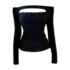 2000sRivetHollowOutWomen'sT-shirtLongSleeveBlack2000sClothesY2kSlimAutumnTopsOffShoulderTeesFemaleClothingHalloweencustmesWomenswearBlouse
