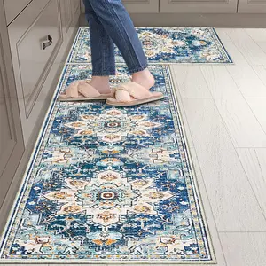 2-Piece Christmas Kitchen Mat Set Flannel Anti-Fouling Non-Slip Gingerbread Man Train Candy Patterns for Bedroom Living Room Party Decorations