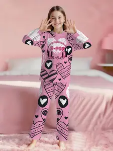 K-POP Headphone Sweetheart Pajamas | Graffiti Love Heart 2-Piece Girls' Digital Print Long-Sleeve Pajamas with Long Pants, Flame-Retardant Fabric. A stylish, trendy, casual, comfortable and soft pajama set, suitable for sleeping and home leisure. Made of