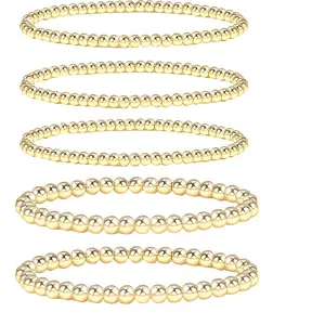 5-Pack Gold/Silver Beaded Bracelets for Women Stackable, 4mm & 6mm Adjustable CCB Elastic Beach Bracelets Set, 7 Inch Boho Jewelry Gifts