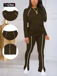 Women's Fashion New Round Neck Solid Color Patch Long Sleeve Fitted Top & Pants Set, Two-Piece Outfit for Casual Wear Womenswear Clothes