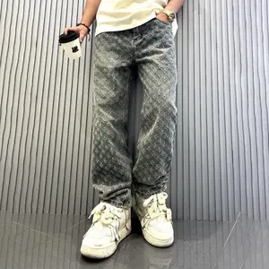 2025 Jacquard Full Print High Street Fashion Brand Design Jeans, Loose Straight Style, Washed Wide Leg Pants, Men's Pants, Street Wear, Casual Black
