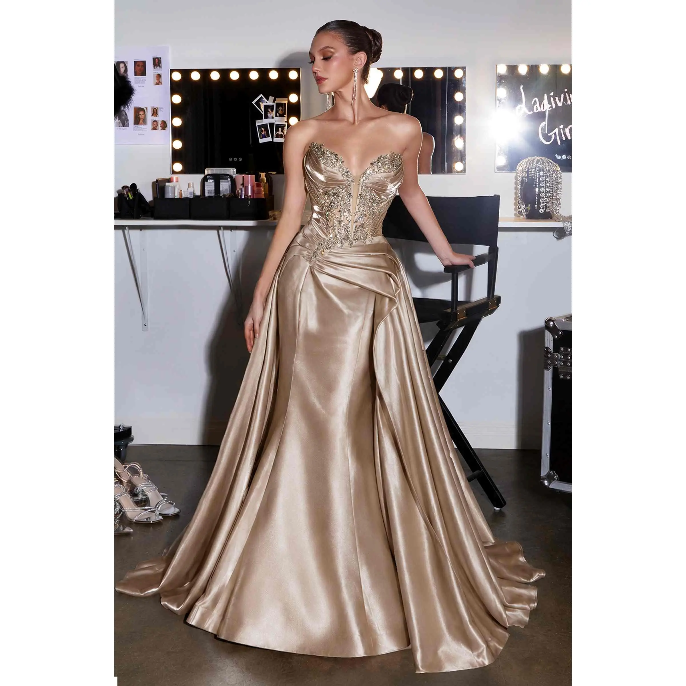 Women's Ladivine CDS568 Formal Mermaid Organza Gown - Crystal Beaded Corset, Detachable Overskirt, Sleeveless Sweetheart Neck, Hand-Beaded Lace, Adjustable Fit, Statement Design