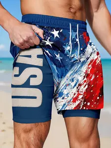 Men's Usa Flag Print Double-Layer Beach Shorts, Swimwear Shorts, Casual Fitted Drawstring Waist, Quick-Dry Summer Swim Trunks for Vacation