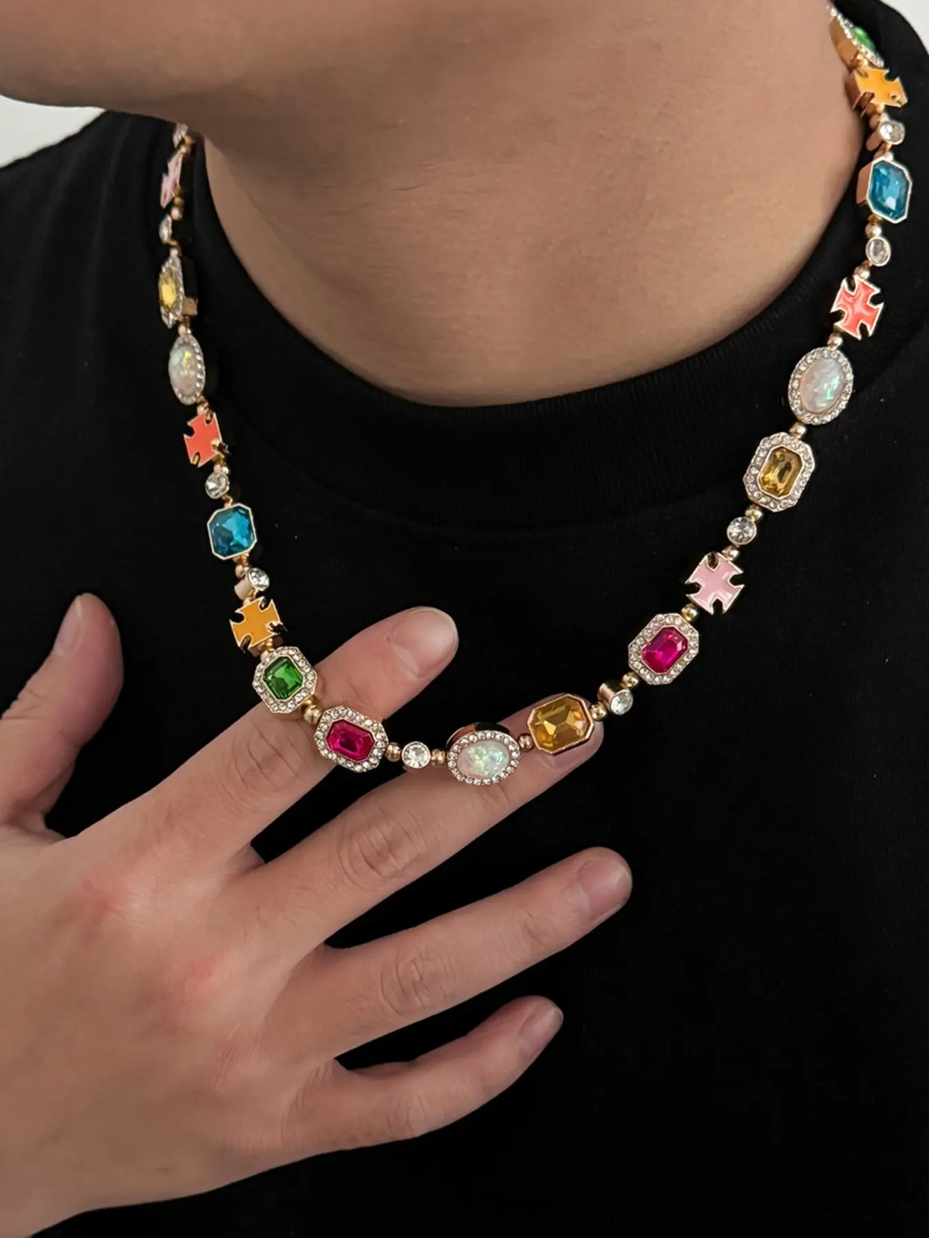 Elegant Sparkling Colorful Zirconia Chain Alloy Necklace for Women Men, Unisex Necklace, Luxury and Vintage Design , Casual Daily Wear Exquisite Jewelry Gift, All Seasons Fashion Accessory