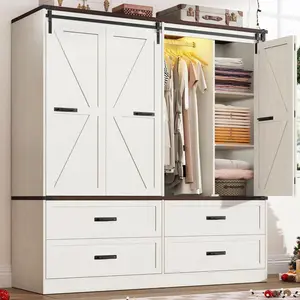 Farmhouse 6 Doors/4 Doors Armoire Wardrobe Closet w/Folding Sliding Barn Door and Lights, LED Armoire Closet w/Drawers for Bedroom, Freestanding Wooden Wardrobe Storage Closets w/Hanging Rod (Antique White/Rustic Brown/Black)