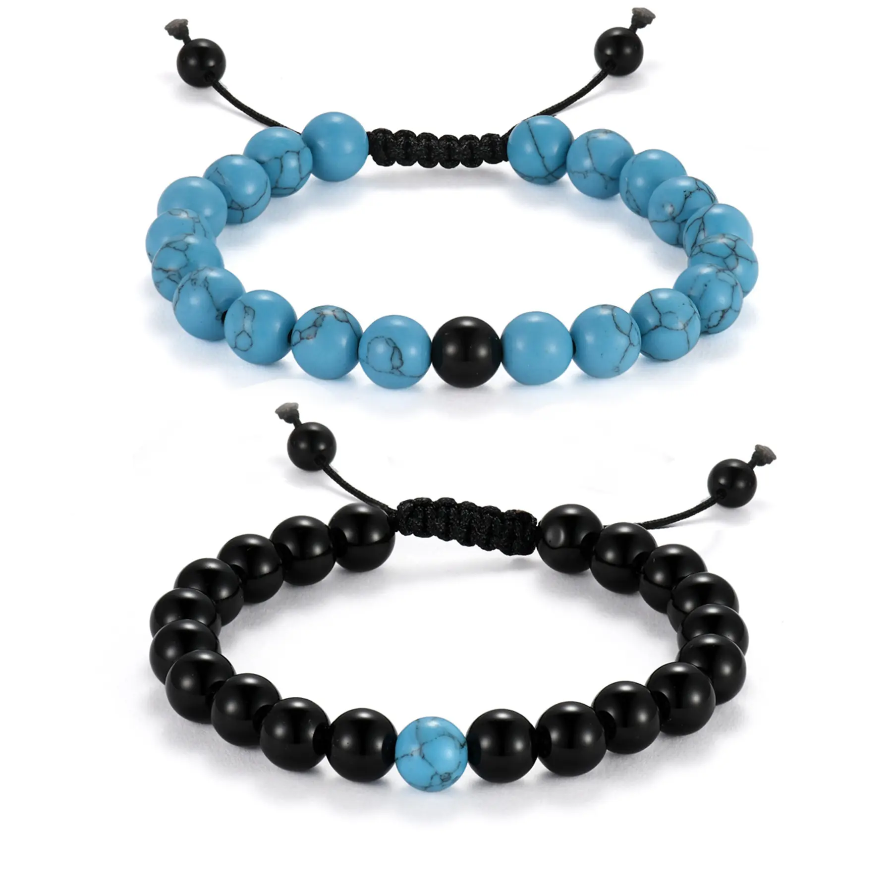 OIDEA 2-Piece Couples Bracelets, 8mm Natural Turquoise & Black Bead Braided Matching Set, Adjustable Stackable Stone Jewelry for Men Women, 6.3"-8.66", 1.04Oz, Matching Sets, Gifts, Unisex, 2-Piece Set