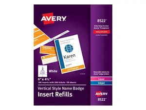 Avery® Vertical Name Badge Inserts, 6" x 4 1/4", White, Box Of 100 Inserts