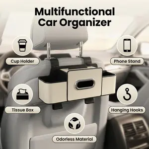 Car Rear Seat Hanging Storage Box, Dashboard Armrest Organizer, Paper Towel Holder with 2 Cup Holders, Durable Plastic, Fashionable Car Accessory, Multifunctional Car Organizer, Car Storage Organizers