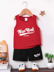 Boys Spring Summer New 2-Piece Vest Shorts Set, 'new York Brooklyn' Vintage Font Print, Breathable Skin-Friendly, Casual Streetwear
