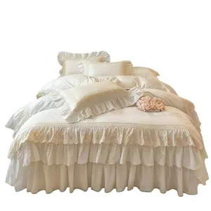 Princess-Style 100% Cotton 4-Piece Bedding Set, Luxurious White with Lace Duvet Cover and Fairy Bed Skirt cozy bedroom