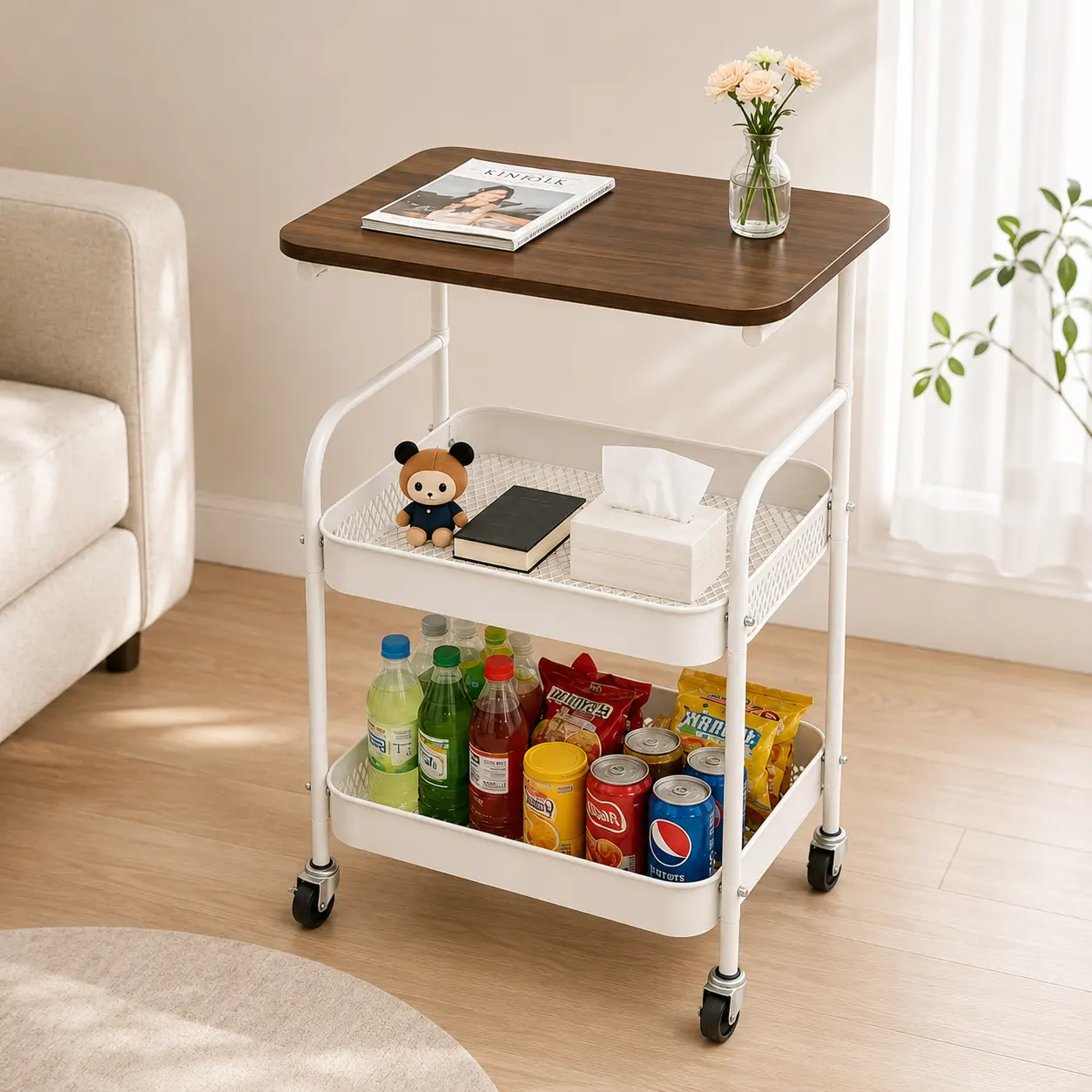 Rolling Storage Cart with Wooden Top, 2-Tier Mobile Side Table with Mesh Baskets and Wheels for Bedroom, Living Room, Kitchen and Small Spaces