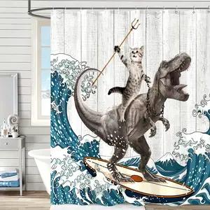 Surfing Dinosaur Ocean Shower Curtain, Fun Cat Shower Curtain, Wave Bathroom Shower Curtain, Bathroom Decor with 12 Hooks