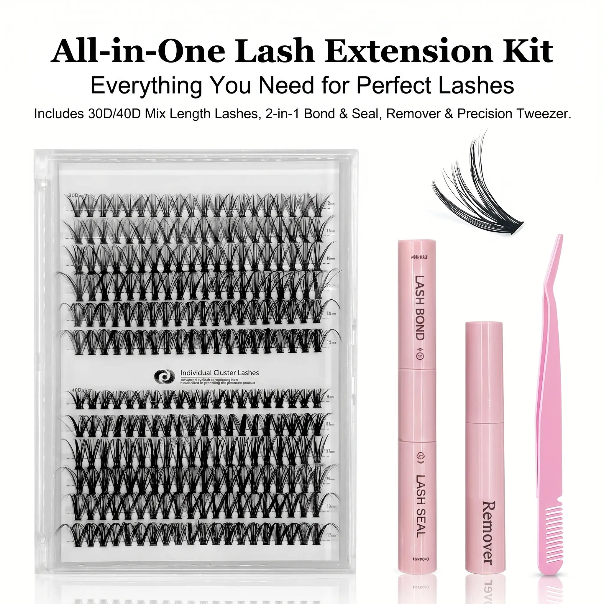 False Eyelashes Kit, 1 Set D Curl Eyelash Clusters, Fluffy Eyelash Clusters , Remover, Brush & Tweezers, Eyelash Extension Kit for Women & Girls, Volumized False Eyelashes