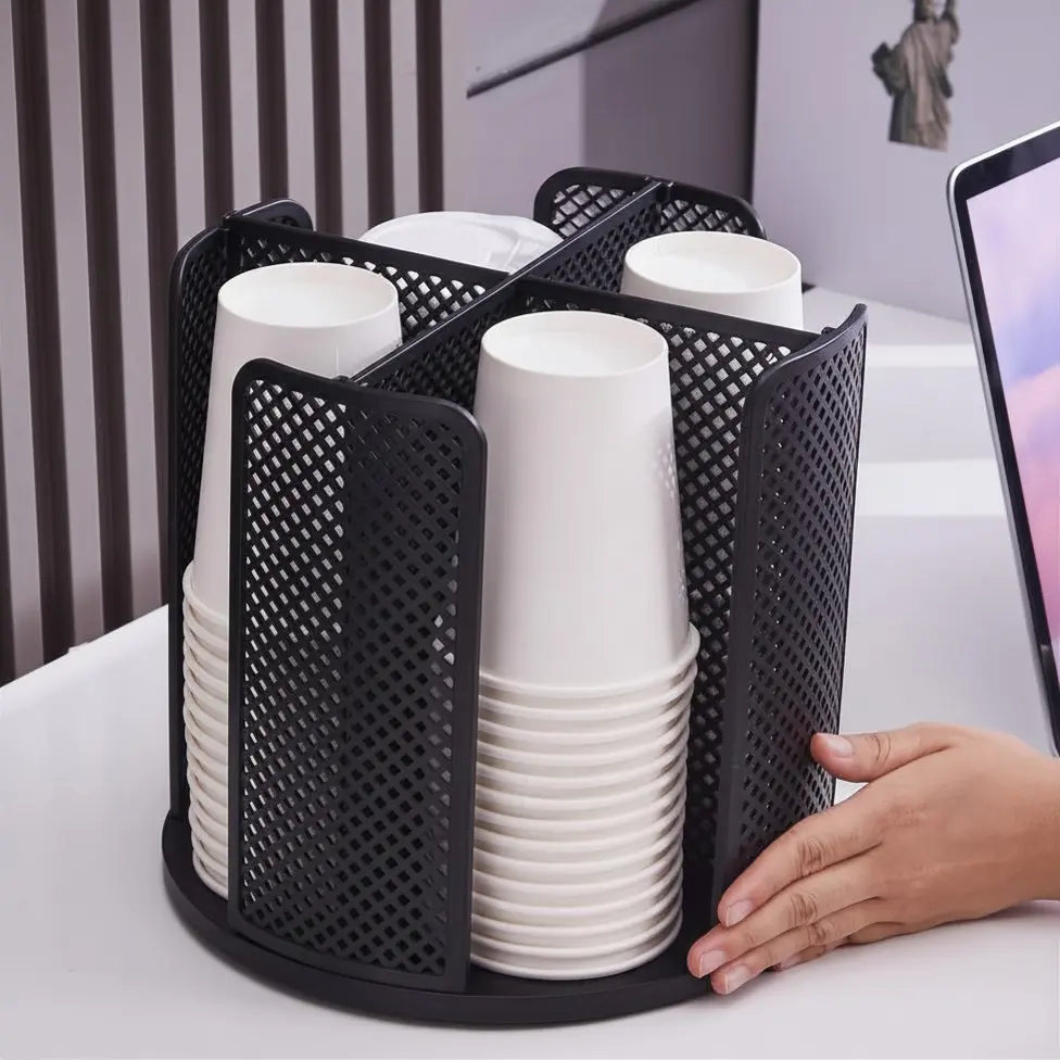 360° Rotatable Coffee Cup Dispenser, Disposable Paper Cup and Lid Holder with 4 Compartments,Can Stacking 3-16oz Cups and Lid Holder for Coffee Shop,Home Countertop,Office,Restaurant,Kitchen
