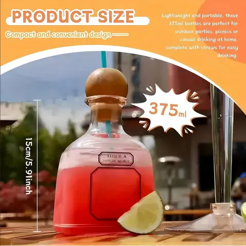 1PC Sturdy Stylish Non-Toxic Leak-Proof Plexiglass Transparent Portable Tumbler - 12.68oz/375ml Classic Mini Tequila Bottle Shaped Cup with Stopper, Straw, Washable Reusable Plastic Drinkware for Home Bar, Christmas Gift for Liquor Enthusiasts (Poly Bag)
