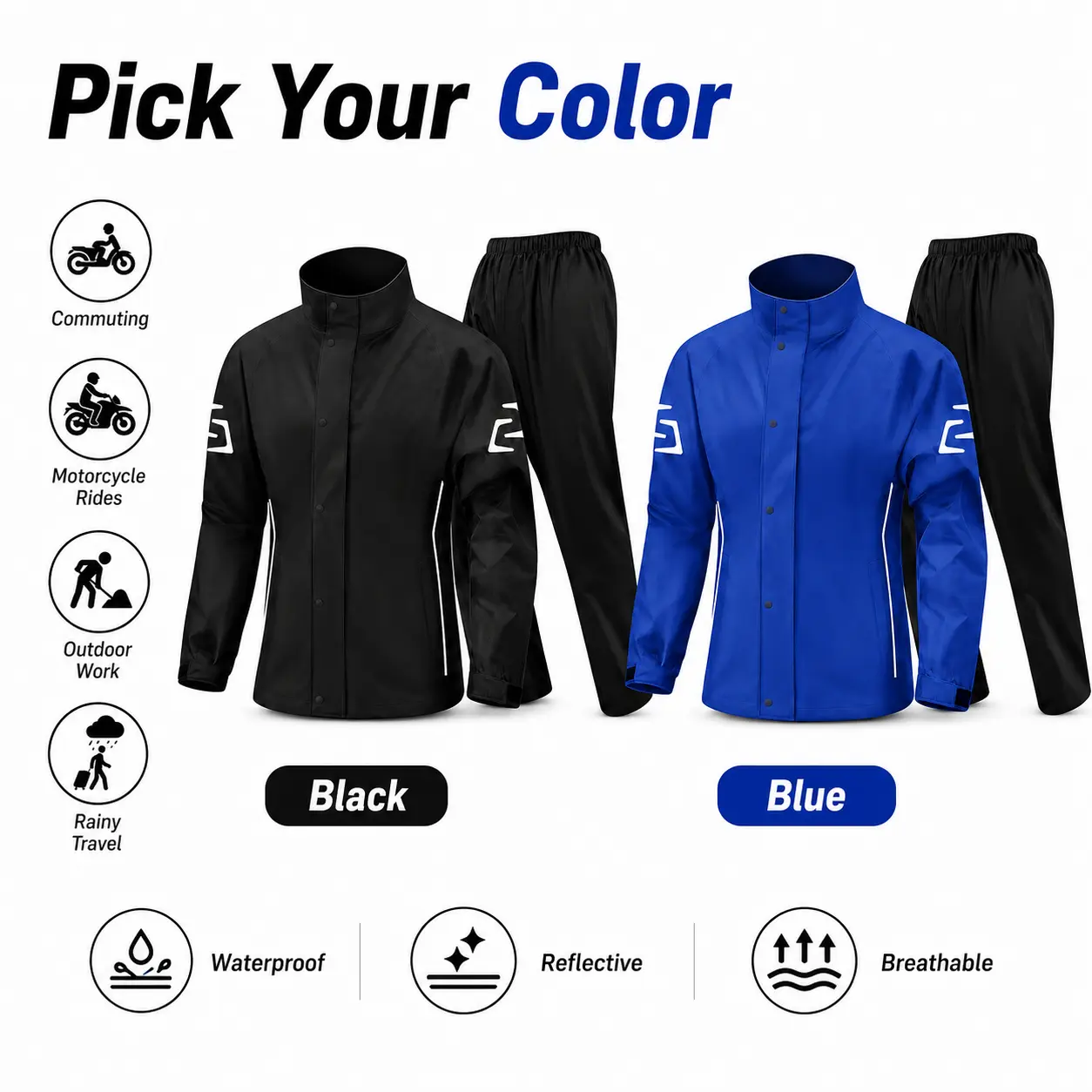 Men's 2-Piece Waterproof Rain Suit with Raincoat and Pants, Sleek Lightweight Wind-Resistant Gear for Motorcycle Riding, Spring, Long Sleeve, Big-Man Fit, Sizes M/L, Waterproof Raincoat