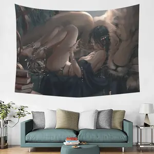 Dark Fantasy Anime Girl & White Lion Tapestry, Gothic Aesthetic Wall Hanging, Fall & Football Room Decor