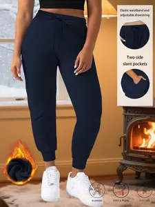 Women's Fleece Drawstring Jogger Pants, Nine-Quarter Leggings with Side Pockets, Phone-Friendly Design, Warm & Comfortable Fit