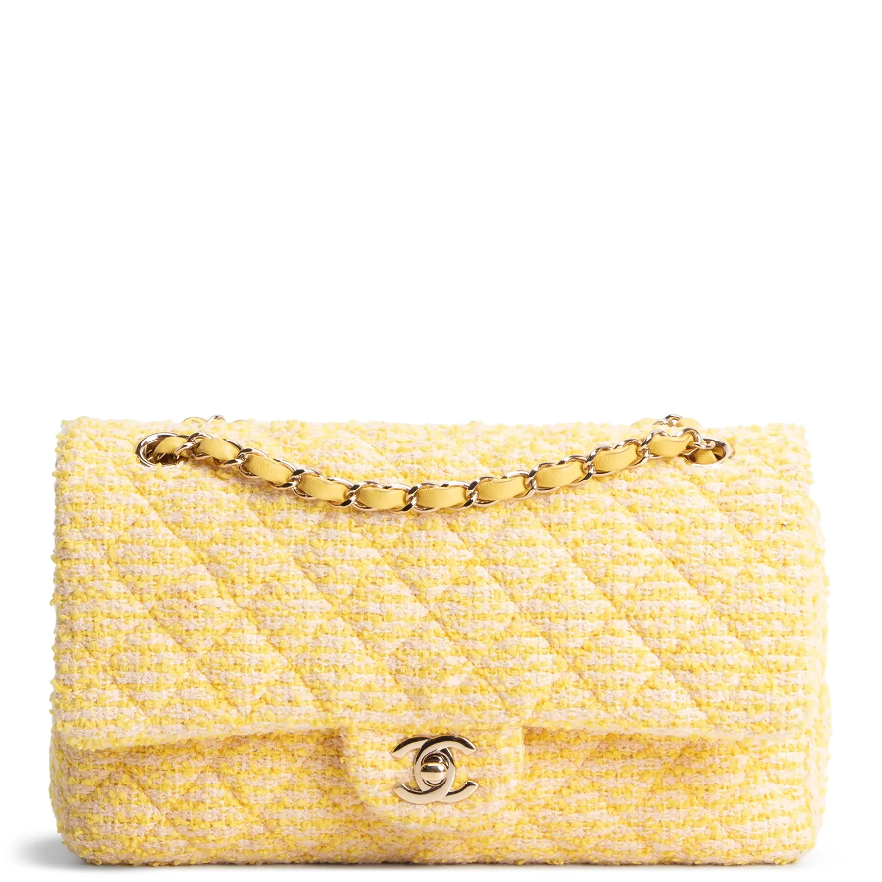 Pre-owned CHANEL Quilted Tweed Shoulder Bags Medium Double Flap Yellow