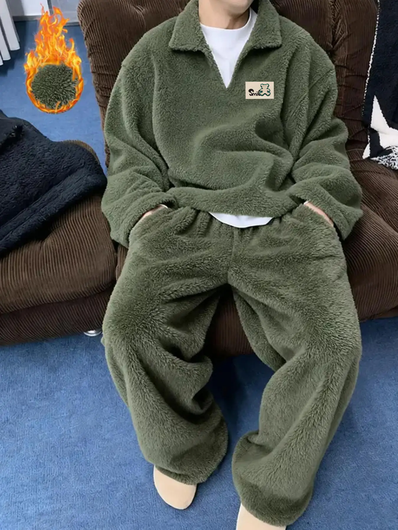 Soft Shaggy Fleece Tracksuit for Men | Warm Fuzzy Collared Pullover & Elastic Waist Pants | Forest Green CozyCore Winter Outfit | Premium Bear Patch Casual Loungewear Casual Tracksuit Set