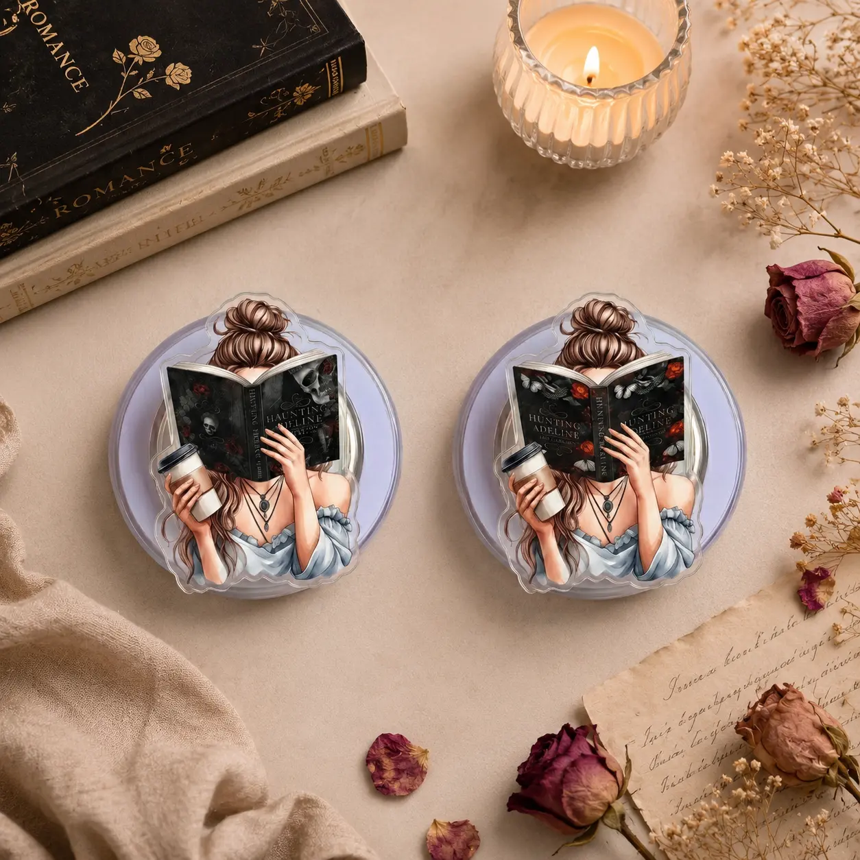2D Acrylic Dark Romance Reader Phone Grip - Hunting Adeline Book Theme Expandable Phone Stand Holder Anti-Drop Finger Grip